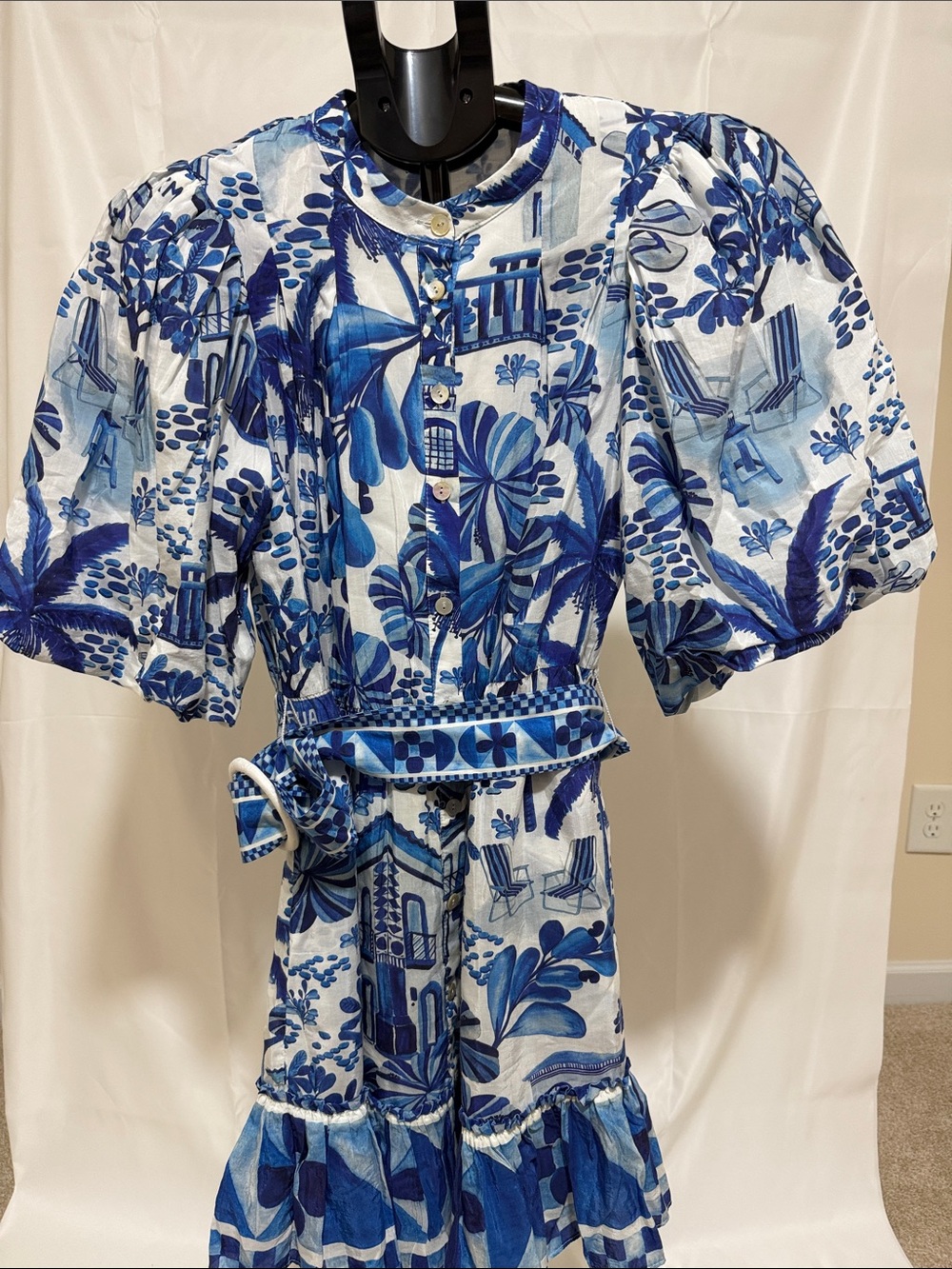 Farm Rio Blue Palm and Beach print Mini Dress